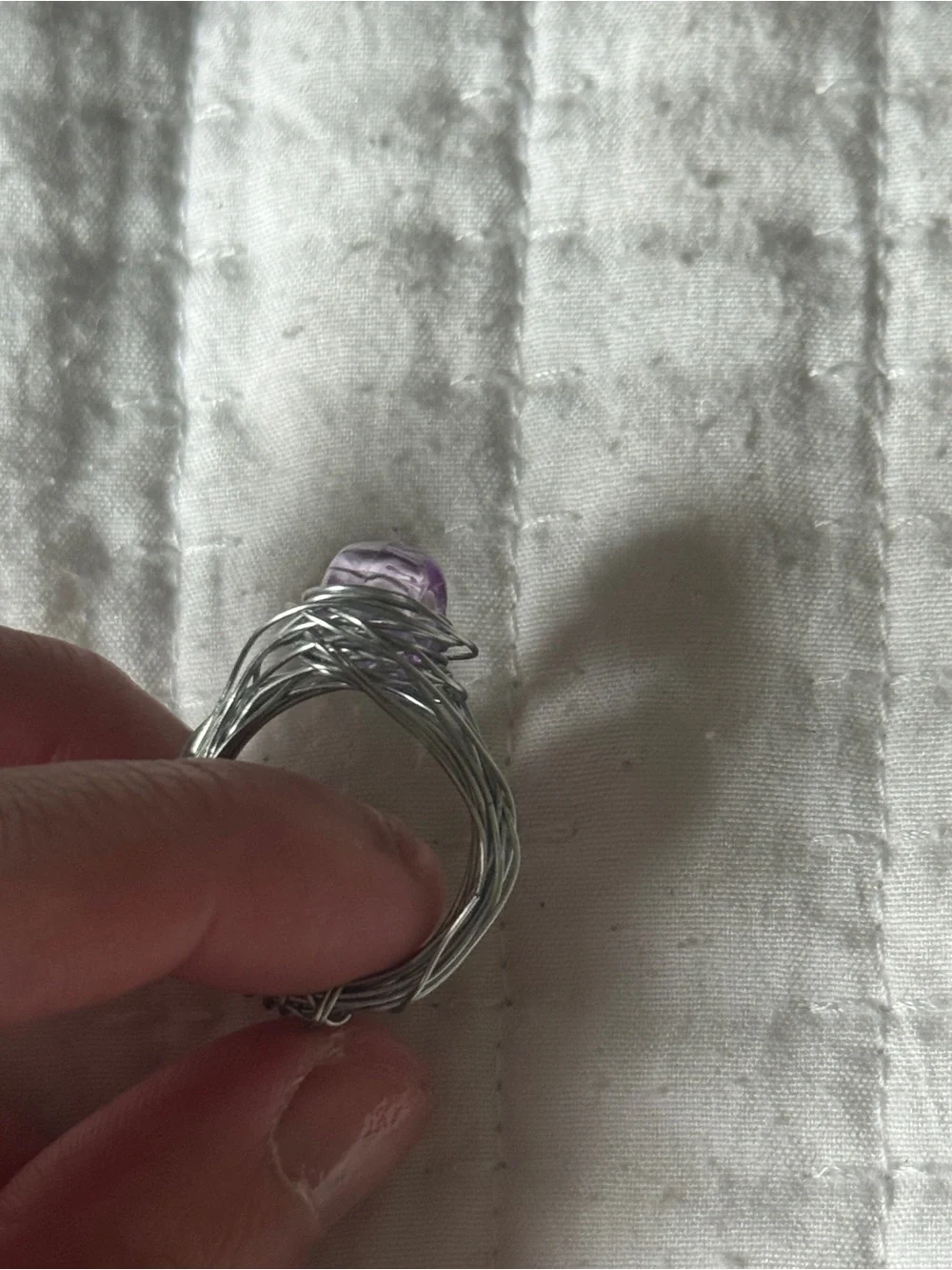 Handmade Silver Wire Wrapped Ring w/ Lilac Purple Glass Bead – Fits Size 6